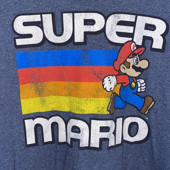 Super Mario Mens Navy Running Retro Stripe T-Shirt Size XL - Picture 2 of 4